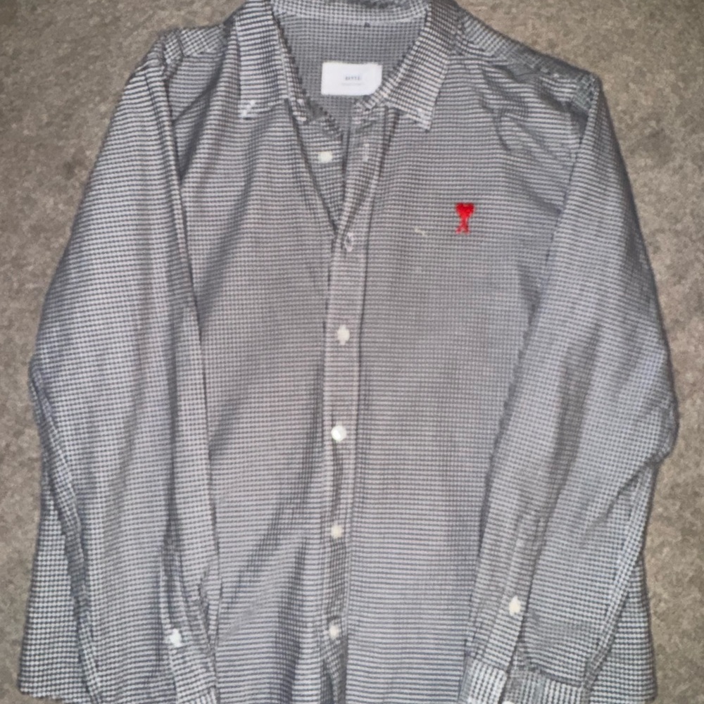 Ami Gray and Red Dress Shirt with Subtle Checkered Pattern
